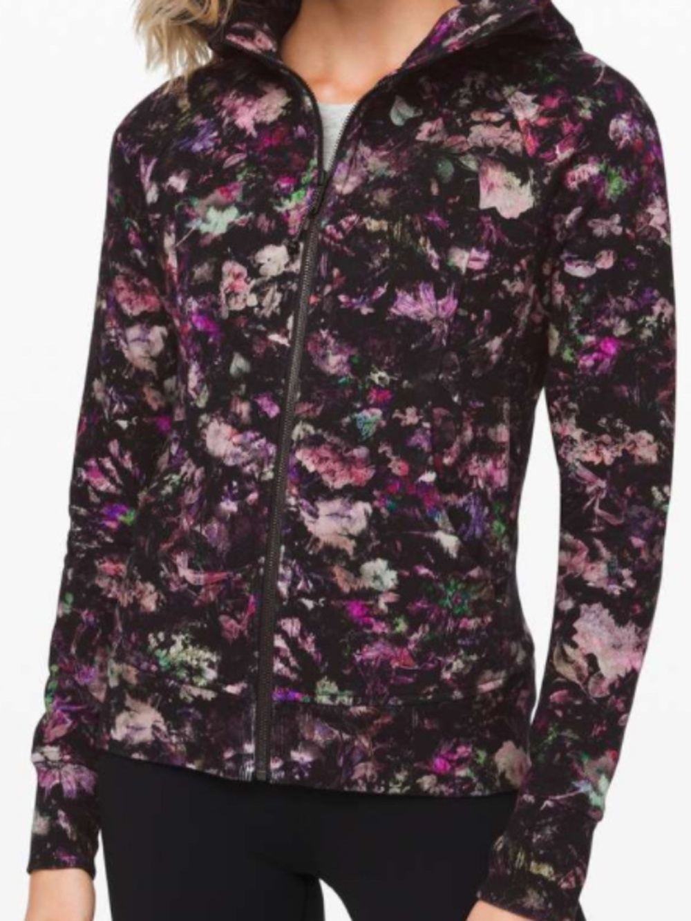 LULULEMON BLACK FLORAL GRUNGE LONG ZIP UP SCUBA HOODIE - Picture 2 of 12